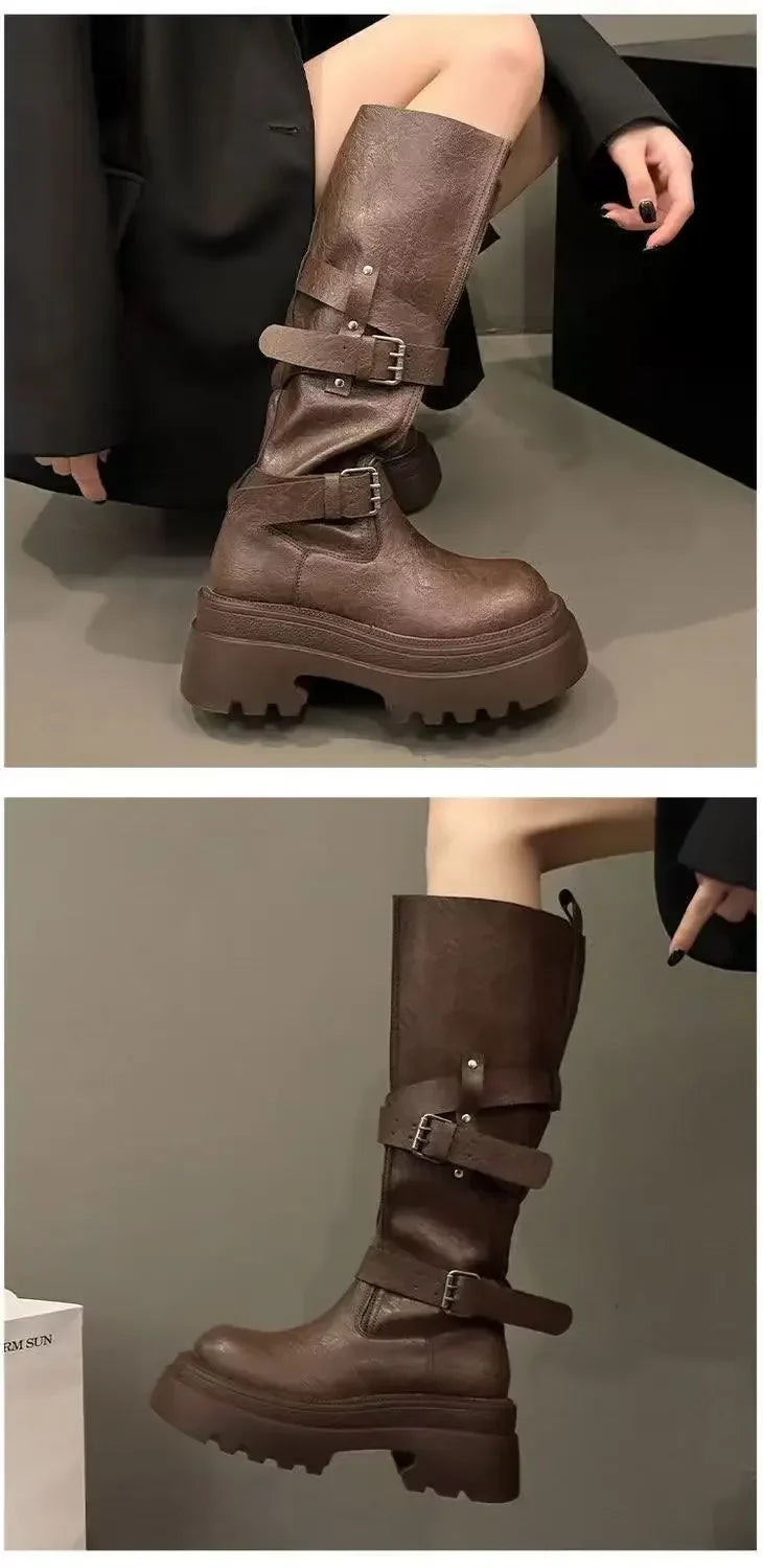2026 New Vintage Thick Bottom Woman Knee High Boots Fashion Belt Buckle Zippers Shoes Female Knight Long Booties Shoes