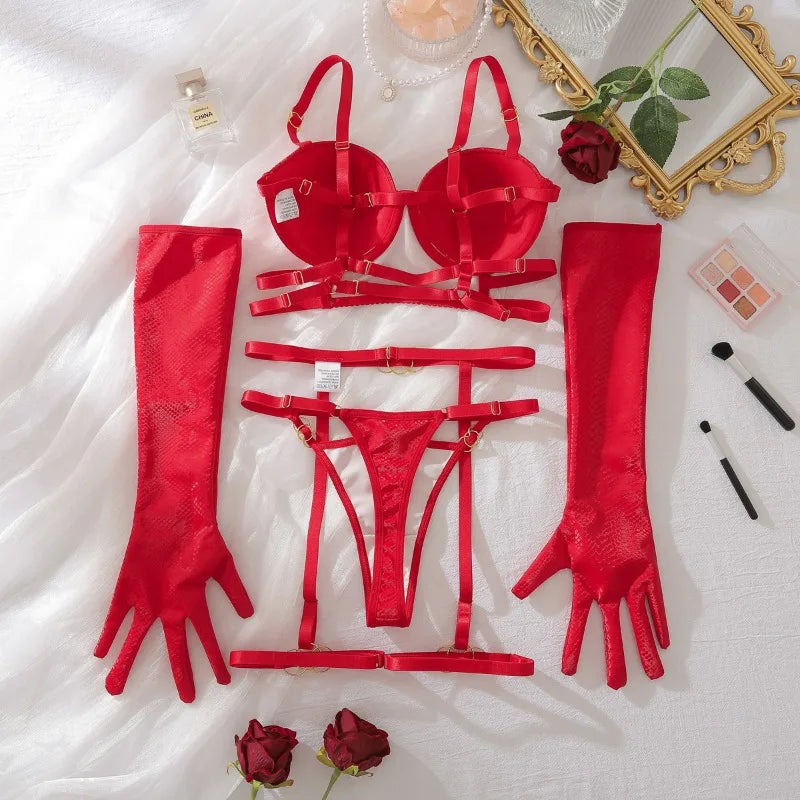 Toucheart Erotic Lingerie Hollow Seductive Shaping Bra Set Gathering Passionate Sexy Luxurious Intimate Underwear Four-piece Set