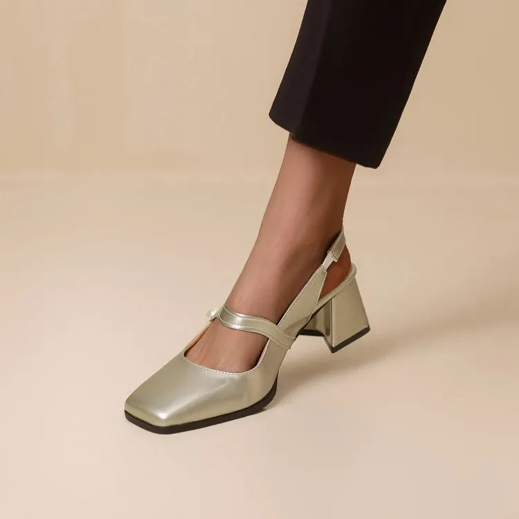 NASBAVI Fashion Women Pumps Slingback Sandals Square Toe Patent Leather Block High Heeled Mary Jane Shoes Ladies Gold Silver