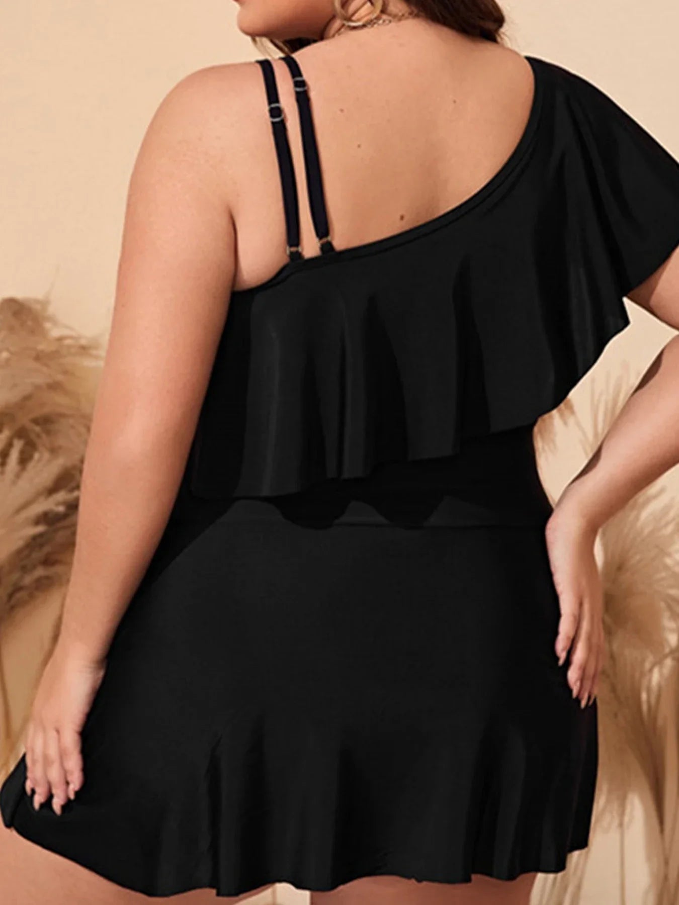 VigoJany 2026 Black Tankini Swimwear Women Plus Size Two Pieces Swimsuit Ladies Big One Shoulder Ruffle Tankini Bathing Suit