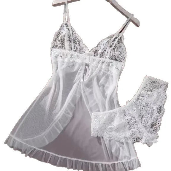 Women Sexy V-neck Lace Trimmed Mesh Splicing Strap Transparent Mini Dress Pure Desire Deep V Sleeveless Charming Nightclub TQO2