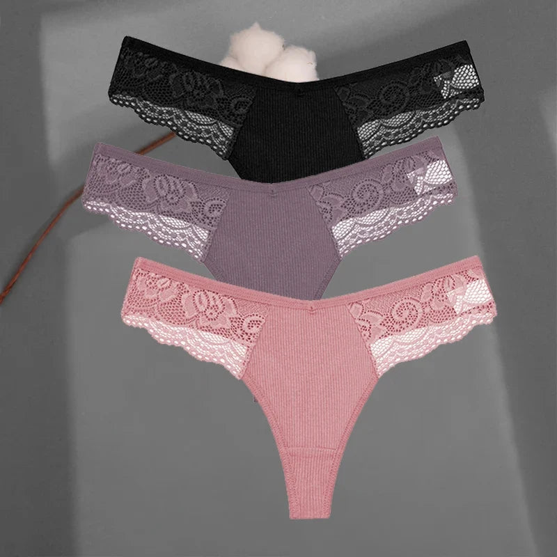 3Pcs/set Cotton Thongs Lace Bikini Underpants Women S-XL T-Back Underwear Ladies G-string Soft Thong Panties Female Lingerie New