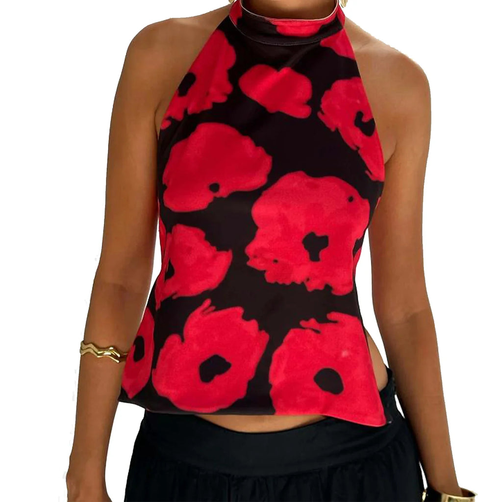 Women Halter Tops Sleeveless Backless Dots/Flower Print Summer Vest for Club Party Summer Tank Top