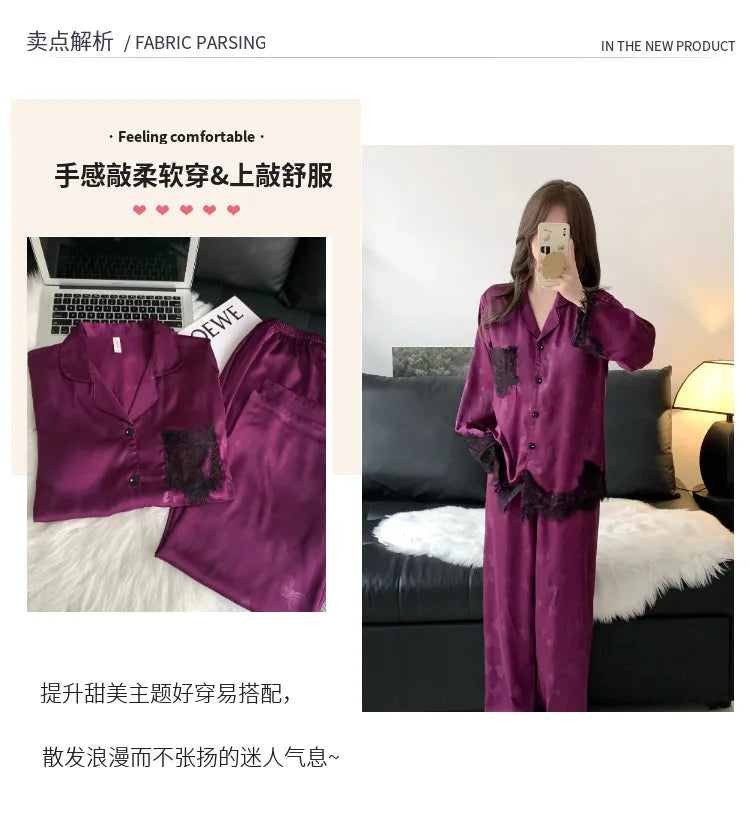 Spring and summer women's pajamas lace sweet cardigan long-sleeved suit home wear