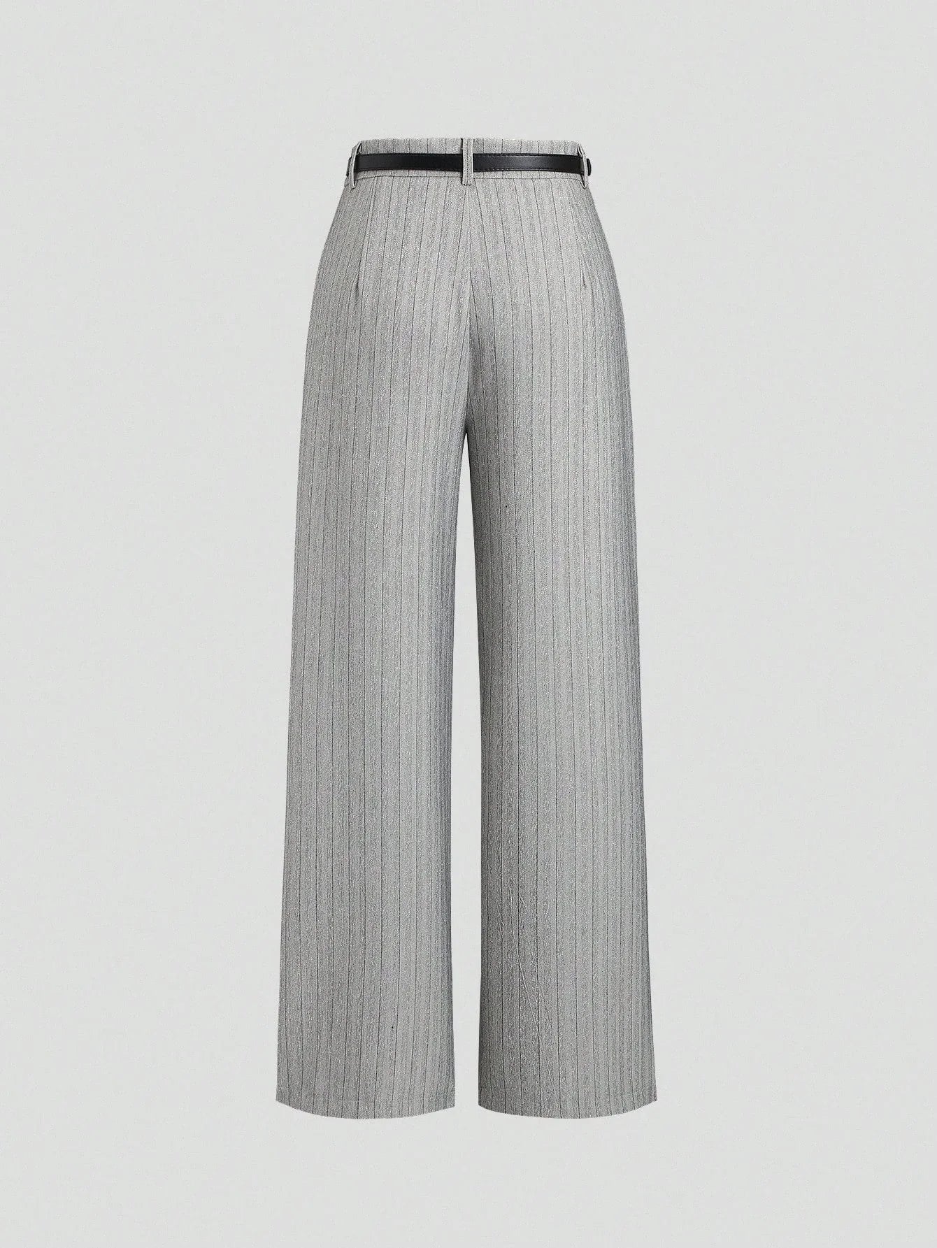 Women's Elegant Grey Striped Pleated Office Lady Pants Casual Wide Leg Loose Long Trousers Spring/Fall