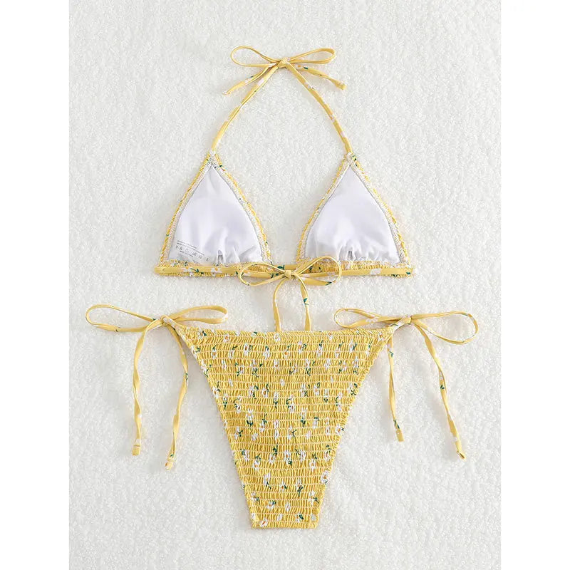 Sexy Tie Halter Floral Wrinkled Print Micro Bikinis Set High Waist Thong Swimwear Biquini Conjunto De Bikini Tankini Beachwear