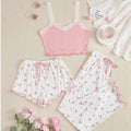 Women 2psc Pajama Set Pink Lace Patchwork V-Neck Sleepwear Sexy Nighties Suit Cami Top Printed Shorts Soft Pyjamas Loungewear