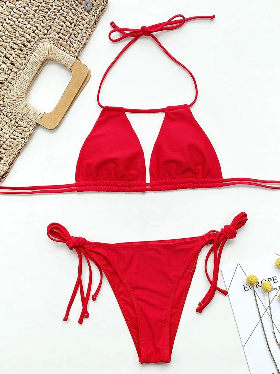 2025 Sexy Tie Side Strappy Halter Bikini Female Swimsuit Women Swimwear Two-pieces Bikini set Hollow out Bathing Suit Swim Lady