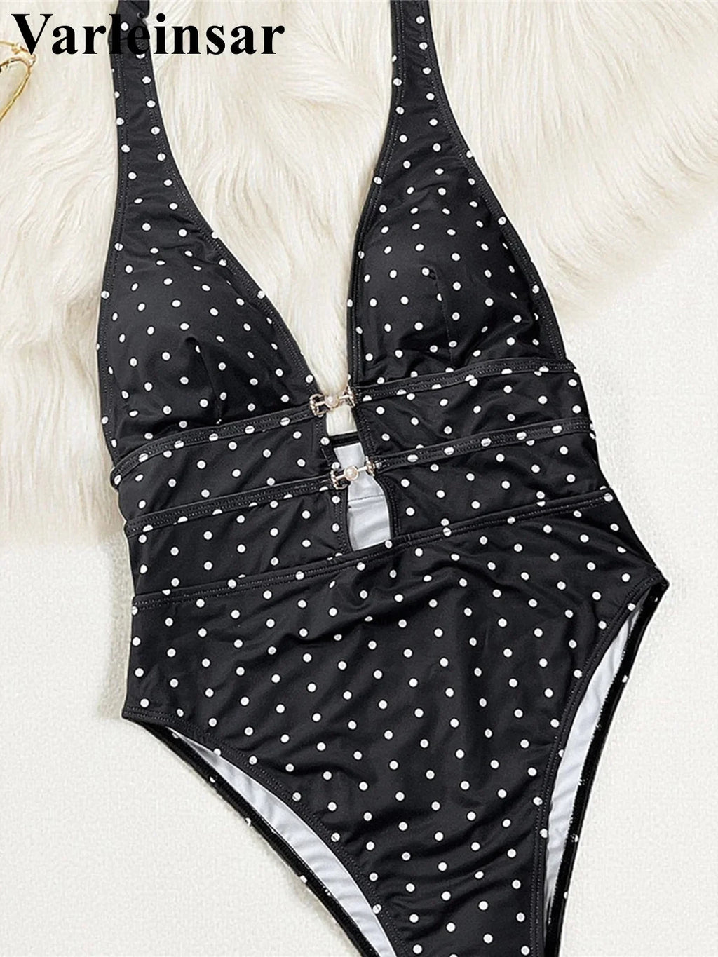 Polka Dots Halter Deep V Neck One Piece Swimsuit Women Swimwear Female Backless Monokini Padded Bather Bathing Suit Swim V7729