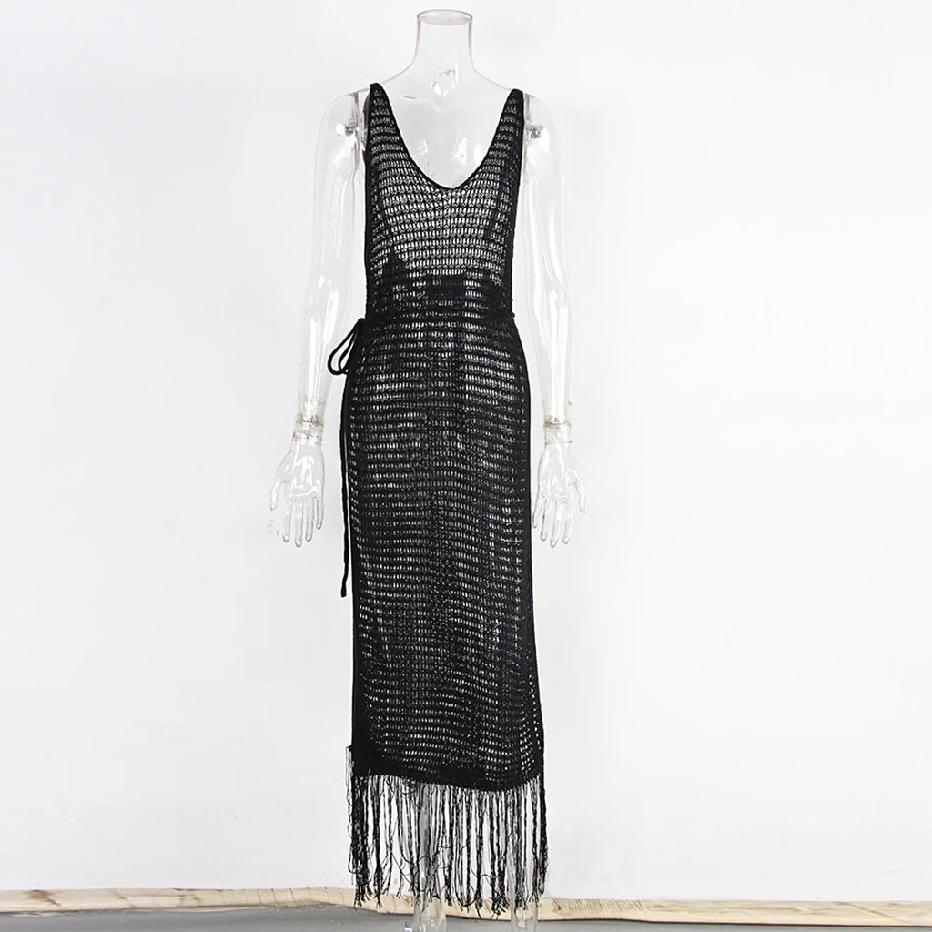 New Sexy S - XL Fringe Tassel Knitted Crochet Tunic Beach Cover Up Cover-ups Beach Dress Beach Wear Beachwear Female Women V3791