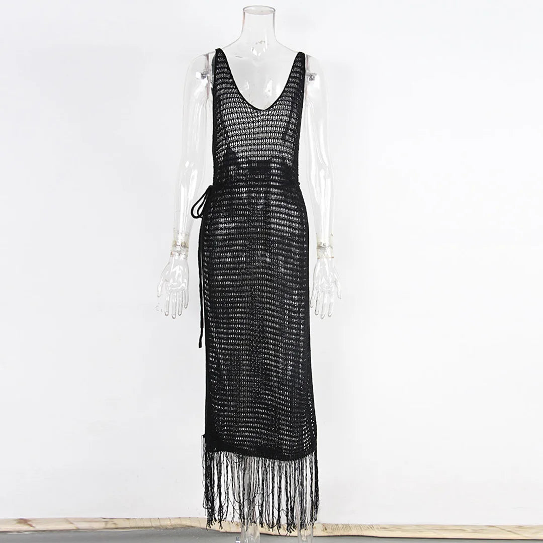 New Sexy S - XL Fringe Tassel Knitted Crochet Tunic Beach Cover Up Cover-ups Beach Dress Beach Wear Beachwear Female Women V3791