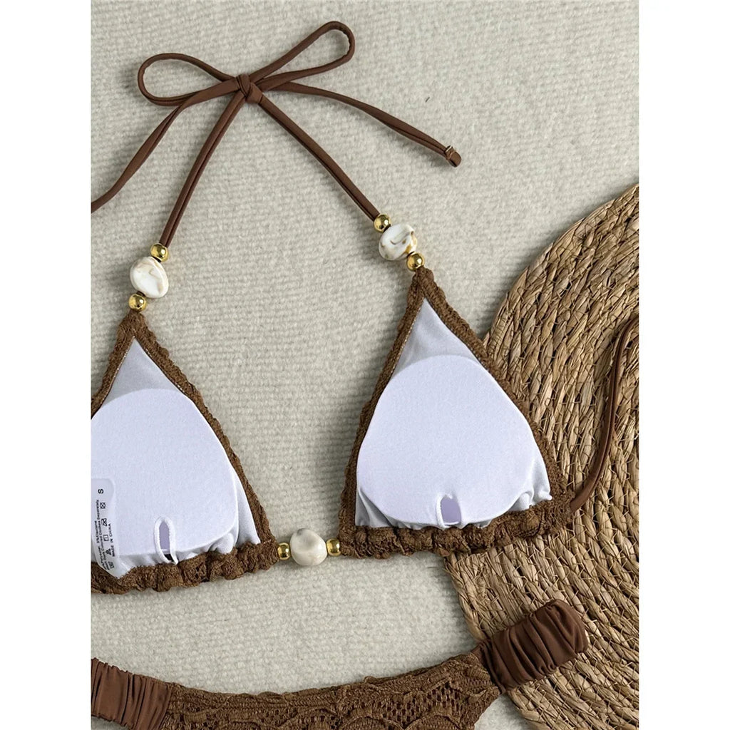 2026 Wrinkled Crinkled Halter Bikini Women Swimwear Female Swimsuit Padded Bather Bathing Suit Swim Two-pieces Bikini set K8135