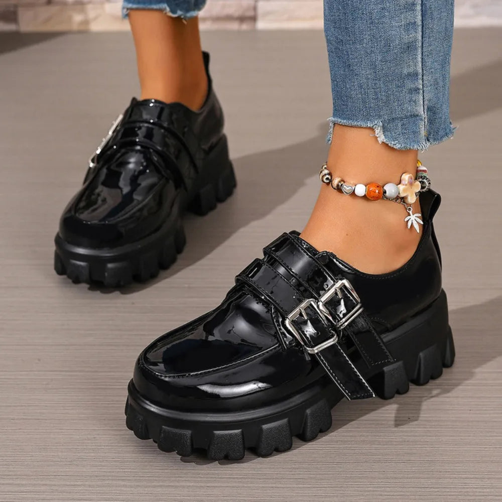 Platform Women's Punk High Heels Loafers Shoes Big Size 45 46 47 Buckle Black Thick Sole Heeled Punk Shoes Ladies 2026 Spring