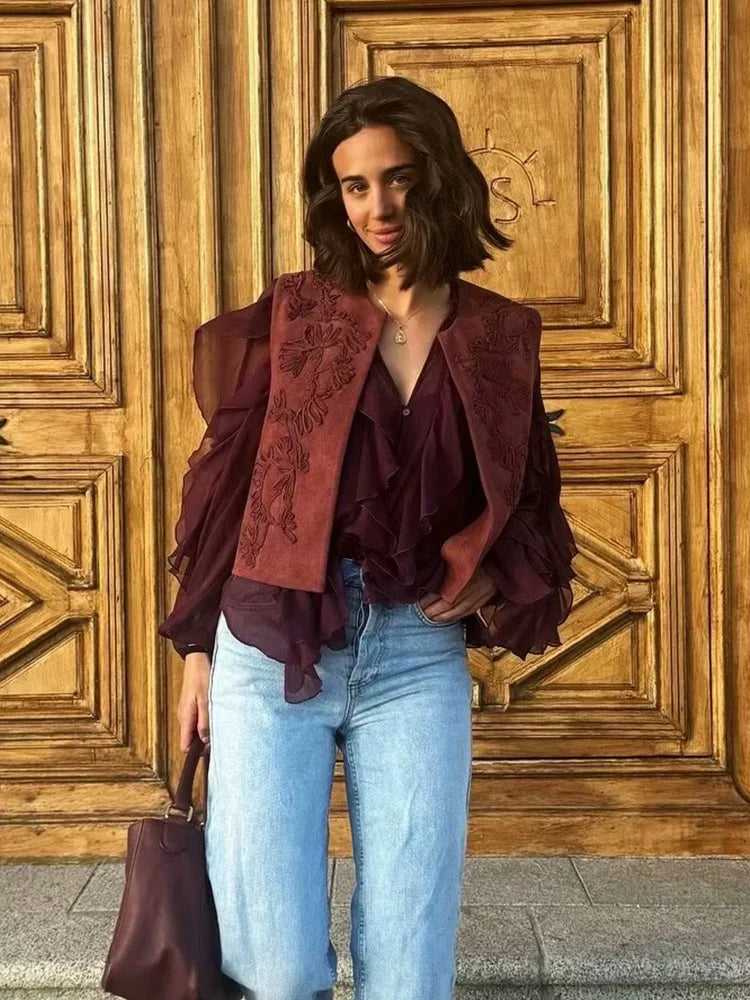 Foridol Ruffles Tiered V Neck Blouse Women Summer Spring Long Sleeve Casual Blusa Chiffon Blouses Buttons New in Female Top 2025