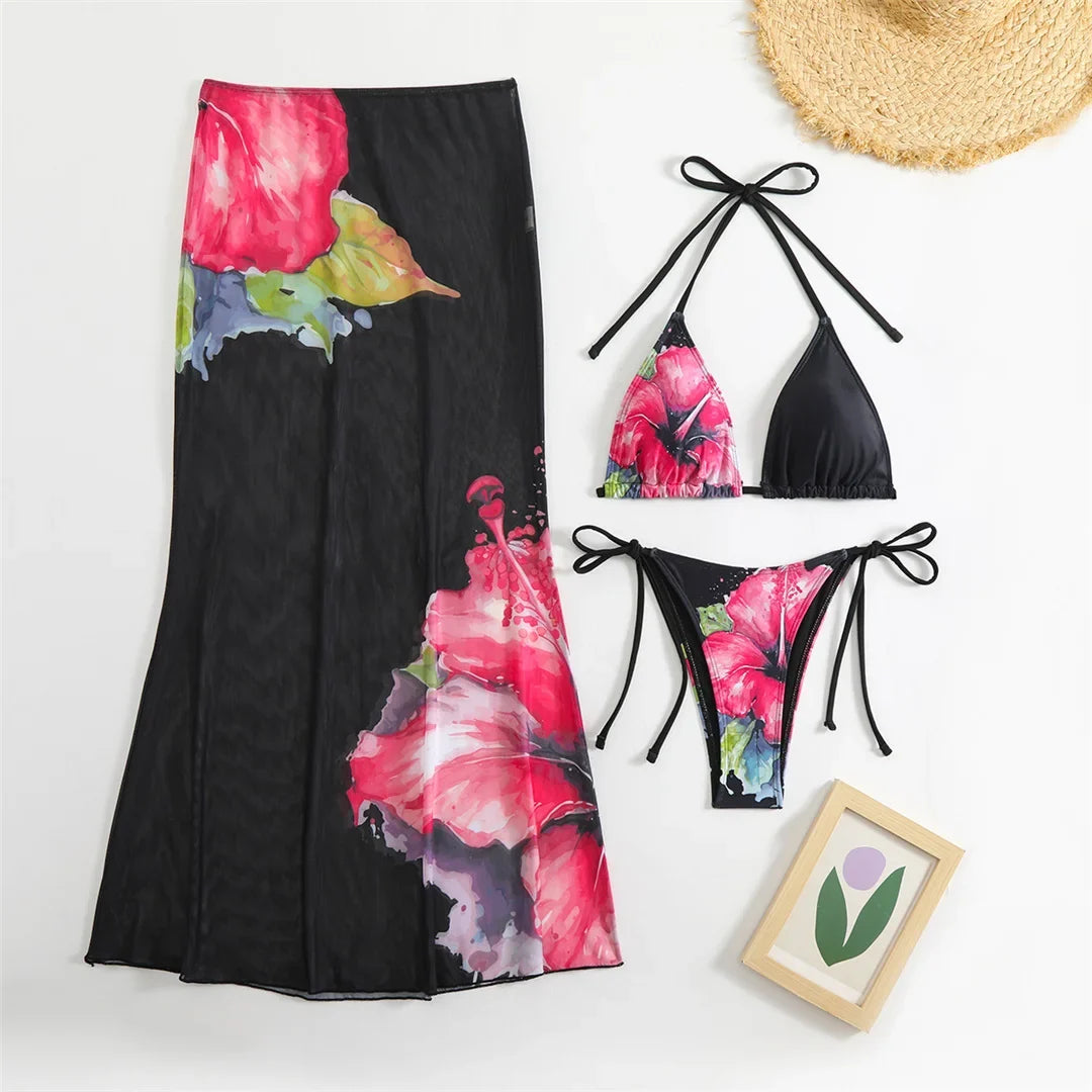10 Color Flowers Halter Bikini Female Swimsuit Women Swimwear Three-pieces Bikini set With Skirt Bather Bathing Suit Swim V6637C