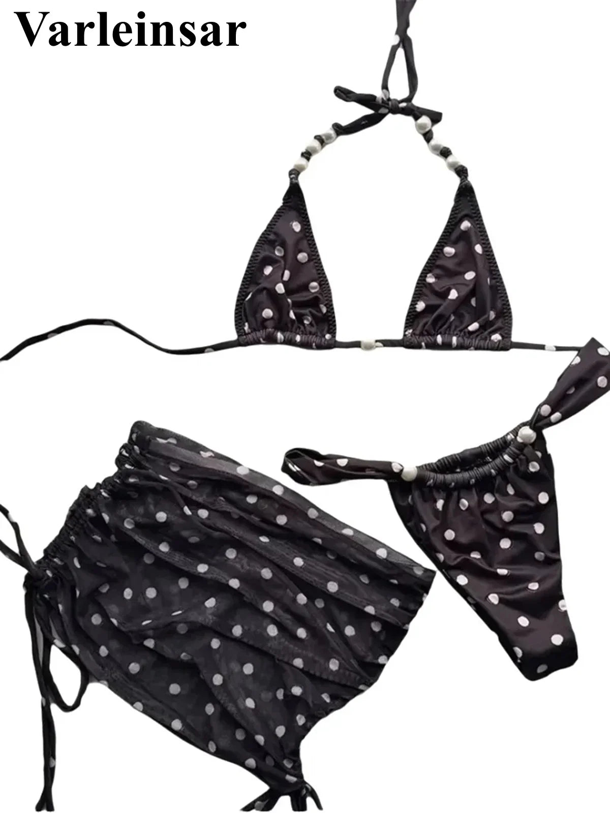 With Skirt Polka Dot Bikini Female Swimsuit Women Swimwear Three-pieces Bikini set Halter Pearls Bather Bathing Suit Swim V7879