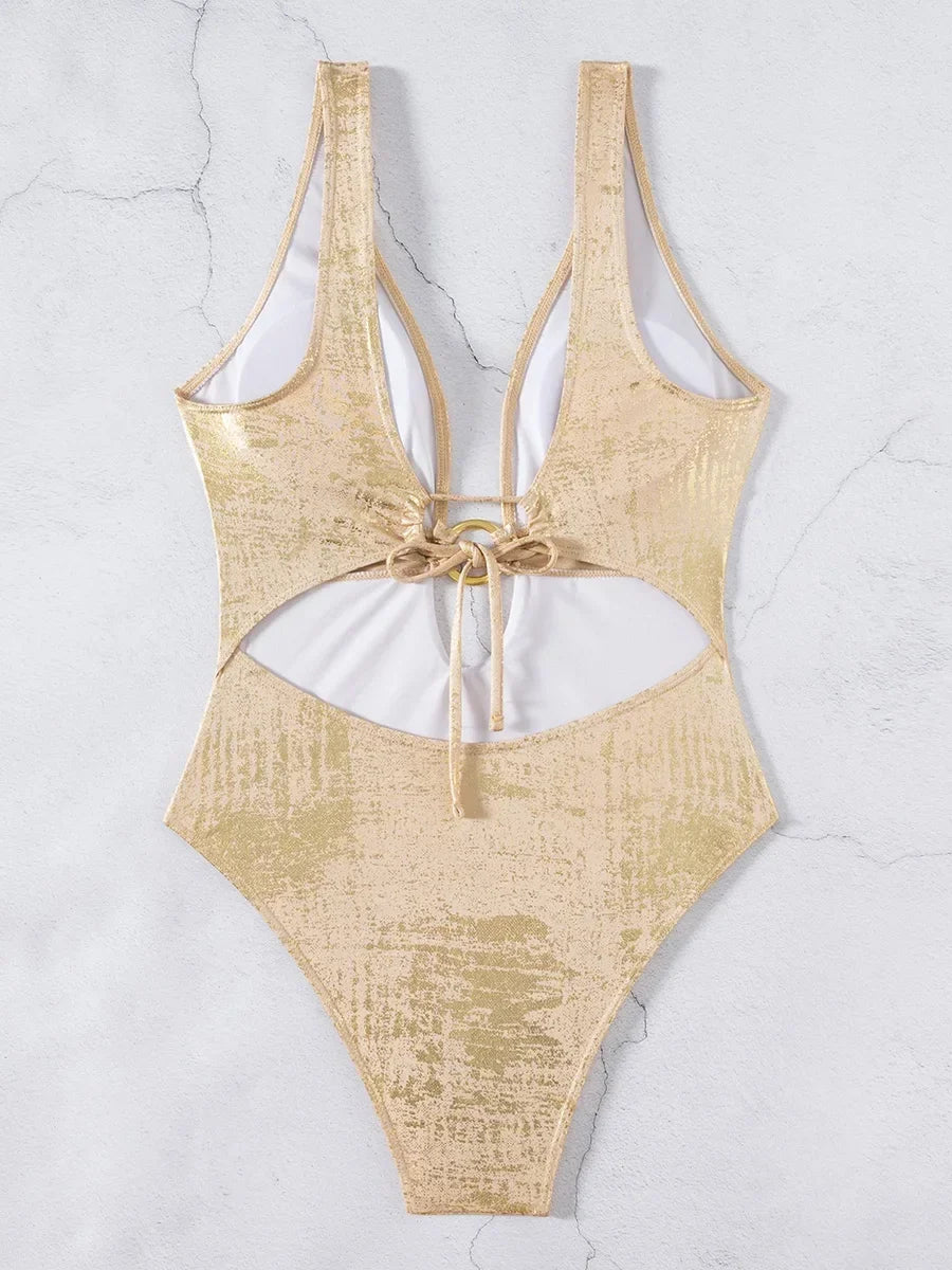 Golden Sparkling Deep V Neck Female Swimwear One Piece Swimsuit Women Backless Monokini High Leg Cut Bathing Suit Swim Beachwear