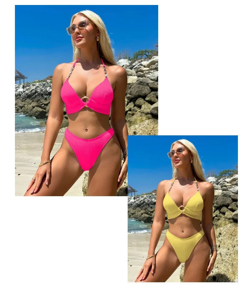 New Sexy Black Bikini Set Women Metal Ring Push Up Bra High Waist Swimsuit Summer Bathing Suit Vacation Two Piece Swimwear