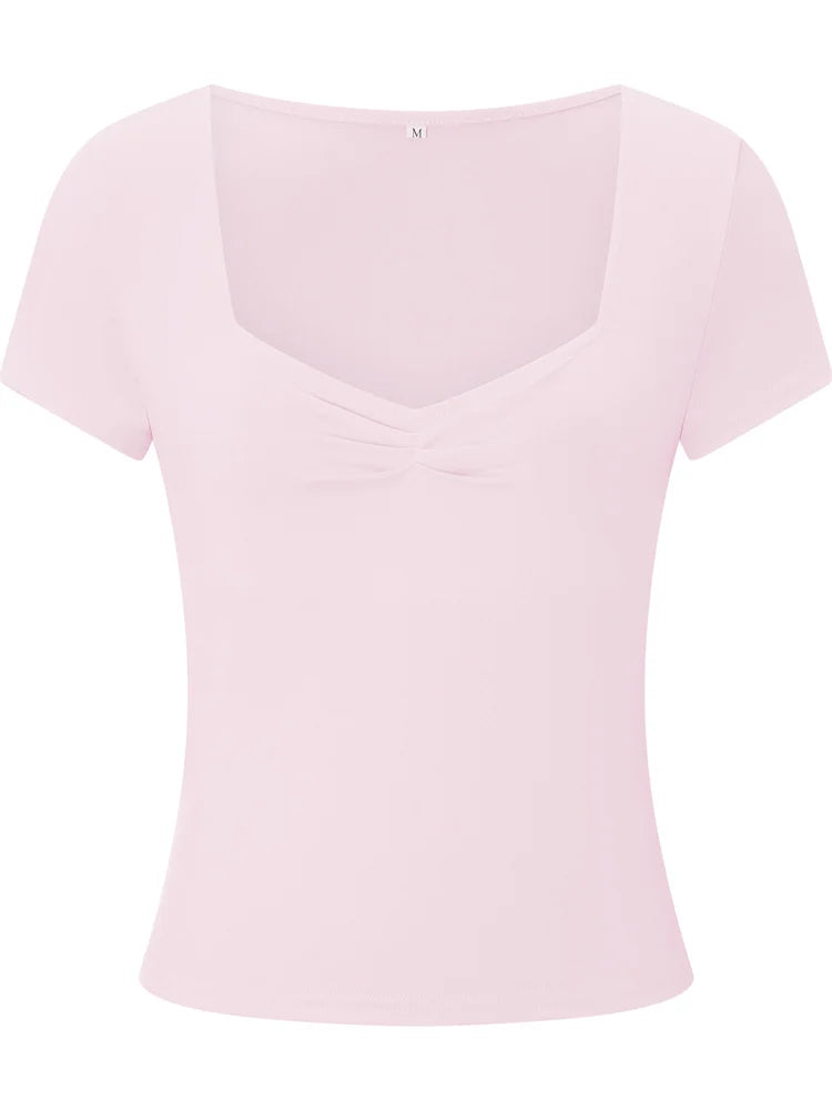 New Women T-shirt Summer Solid Color Short Sleeve Square Neck Slim Fit Crop Tops Casual Elegant Basic Tee Shirts