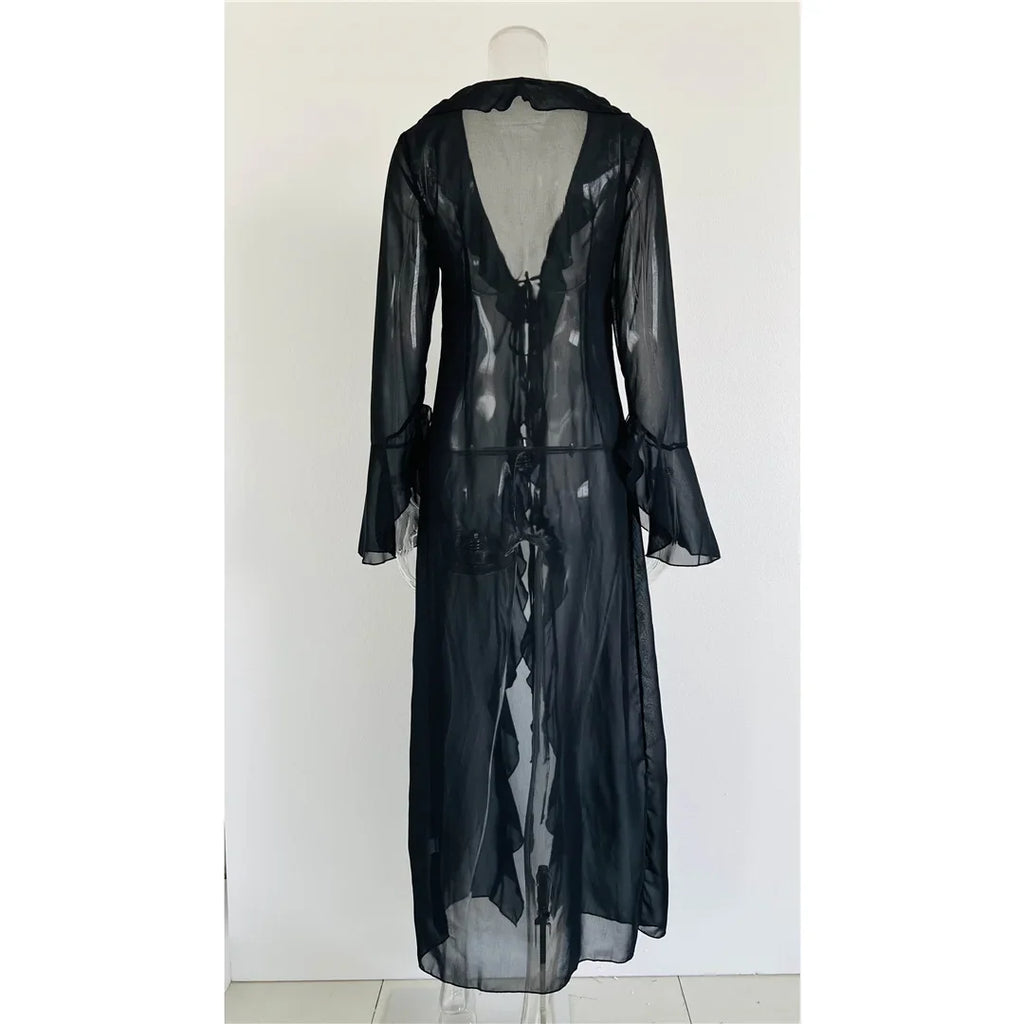 Women's V Neck Ruffled Long Sleeve Dress Chiffon Tunic Beach Cover Up Cover-ups Beach Dress Sunscreen Beachwear Vacation V5976B