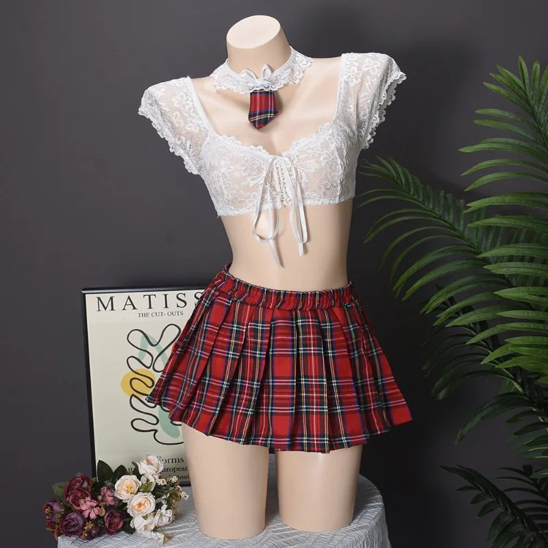 Toucheart Sexy Lingerie Suit for Women Lace Mesh See-through Lace Up Top Plaid Pleated Skirt Halter Women's Underwear Set New