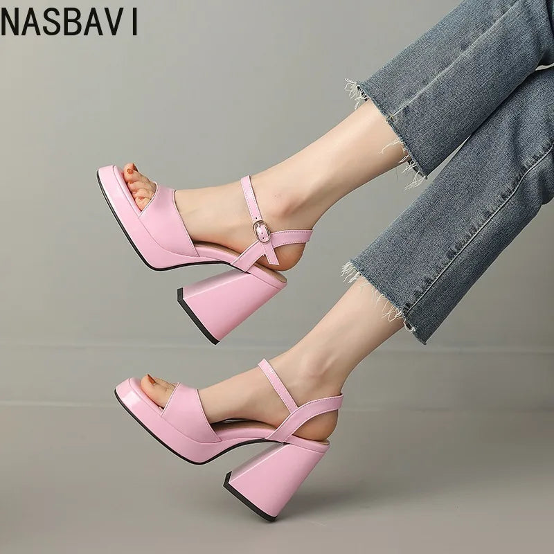 NASBAVI Women Patent Leather Sandals Super Chunky High Heeled Ankle Buckle Shoes Platform Summer Thick Heel Sandal Ladies 35-43