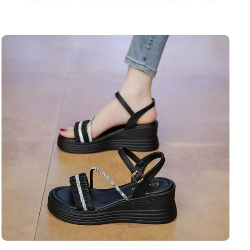 2026 Buckle Strap Chunky Sandals Women Summer High Platform Wedges Slippers Woman Bling Decoration Thick Bottom Slides Pumps