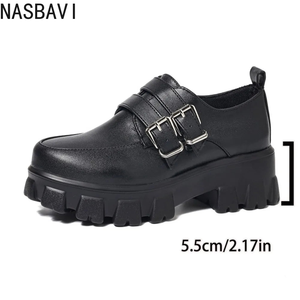 Platform Women's Punk High Heels Loafers Shoes Big Size 45 46 47 Buckle Black Thick Sole Heeled Punk Shoes Ladies 2026 Spring