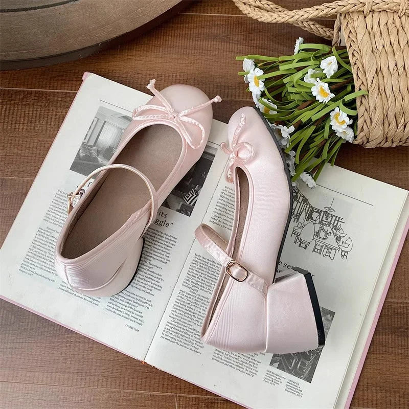 2025 spring cute sweet Bowknot Mary Janes for Women  vintage Silk Med Heels  pumps Ladies  Banquet Wedding Single Shoes Mujer