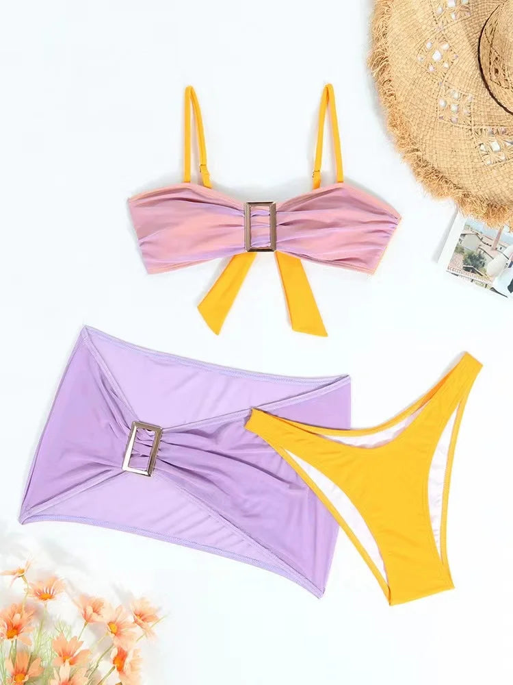 2024 New Sexy Solid 3 Piece Mesh Skirt Bikini Set Swimwear Women Strapped Push Up Swimsuit Female High Cut Backless Bathing Suit