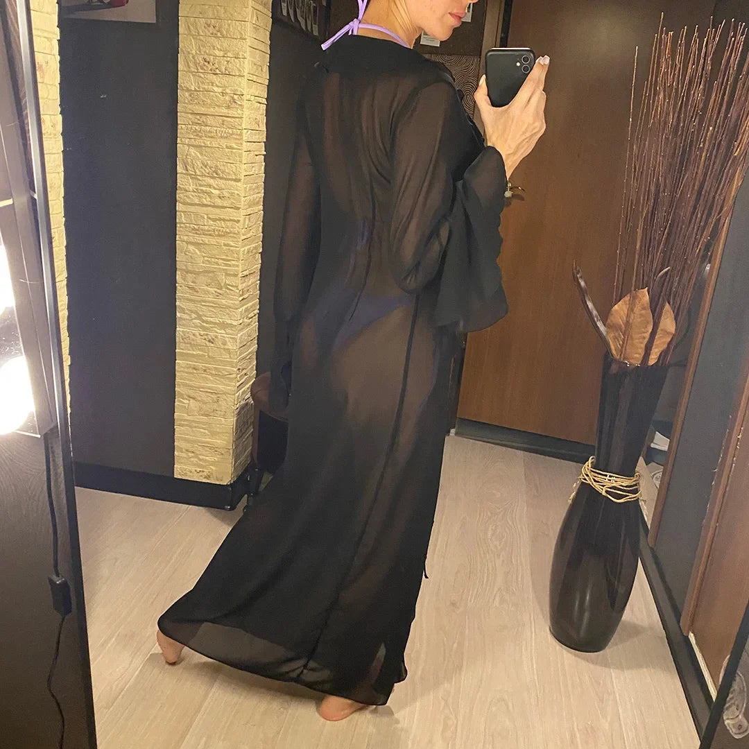 Women's V Neck Ruffled Long Sleeve Dress Chiffon Tunic Beach Cover Up Cover-ups Beach Dress Sunscreen Beachwear Vacation V5976B