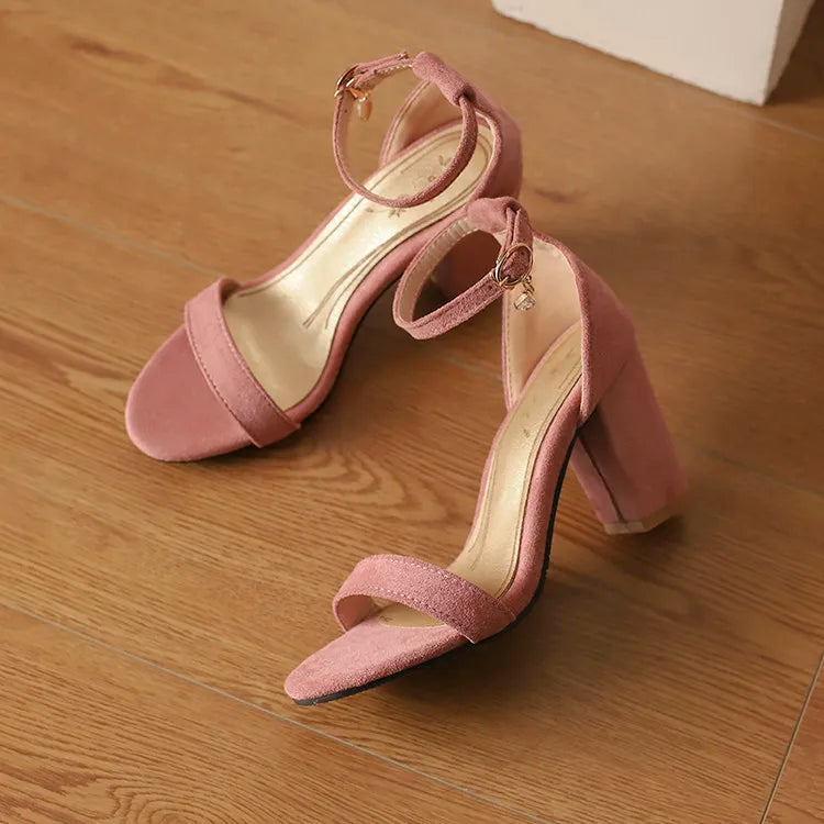 Beige Suede Ankle Strap Block Heel Sandals for Women, Round Open Toe with Rhinestone Accent, Multiple Colors Available