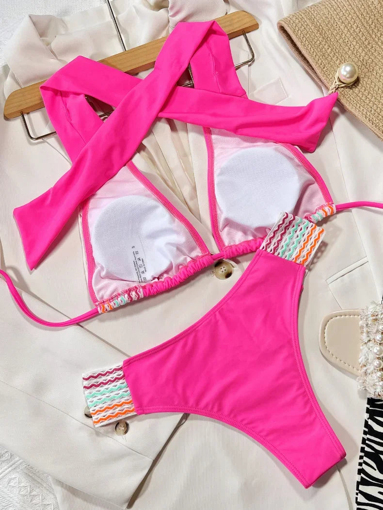 2026 Sexy Bikini Rose Red Patchwork Halter Swimwear Swimsuit Women Bikinis Set Bathing Suit Beach Bikini Costumi Da Bagno Donna
