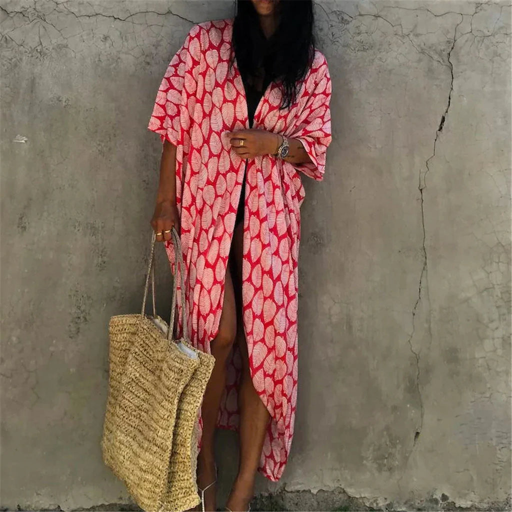 7 Colors Leaves Printed With Belt Half Sleeve Tunic Beach Cover Up Cover-ups Beach Dress Beach Wear Beachwear Female Women V4511