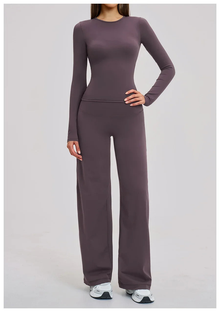 Yoga Set 2 Pieces Women Fitness Sportswear Gym Loose wide-leg pants Long-sleeved T-shirt Sports Crop Tops Tracksuit Workout Wear