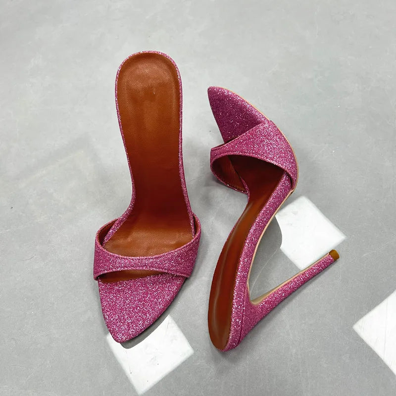 Open Pointy Glitter Mules With High Heels Women Holiday Summer Crocodile Leather Shoes Lady Multicolor Party Casual Slippers