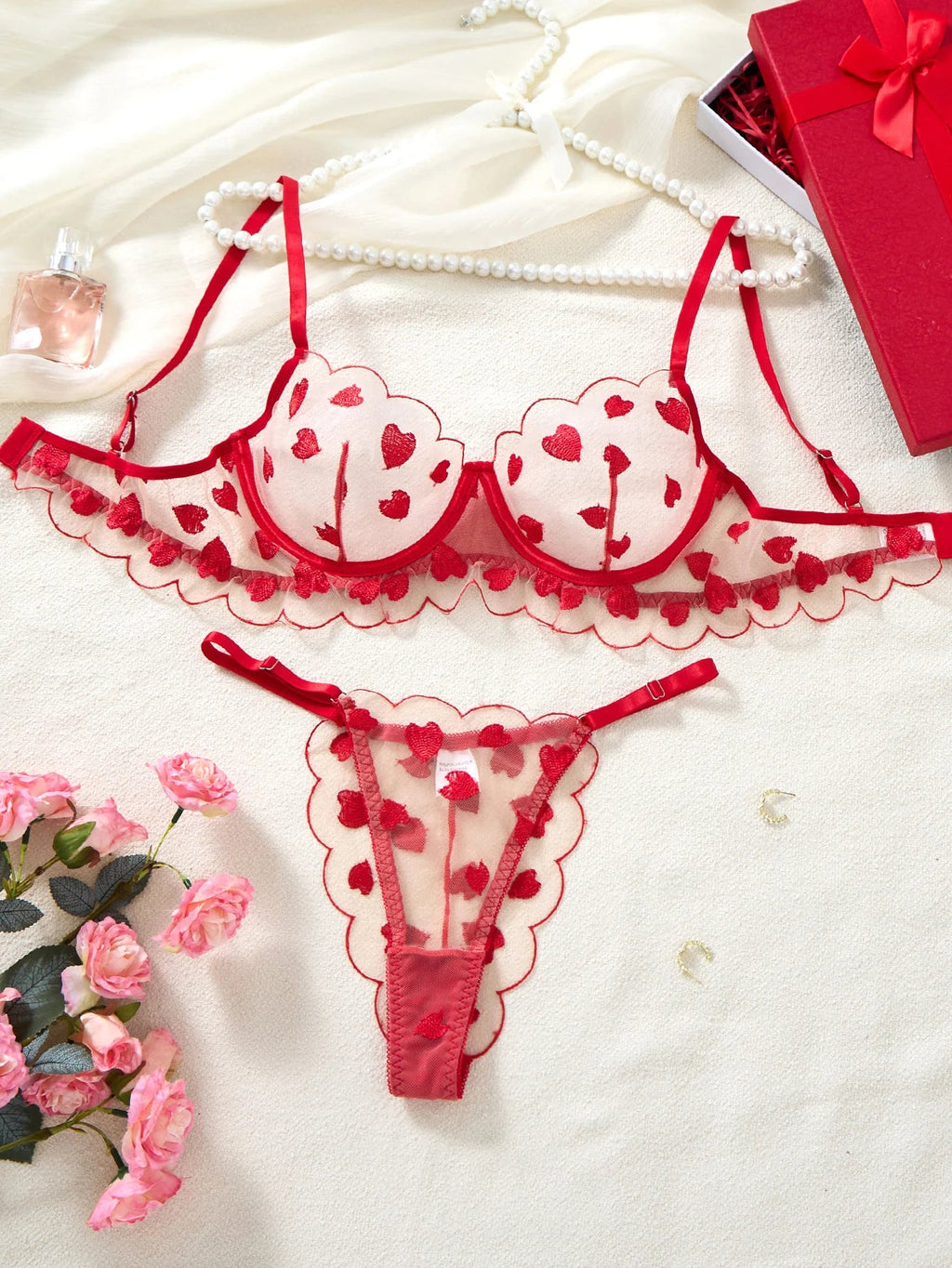 Valentine's Day exclusive red heart embroidery lingerie set-Sexy see-through mesh gathered bra thong set for two pieces ZA825203