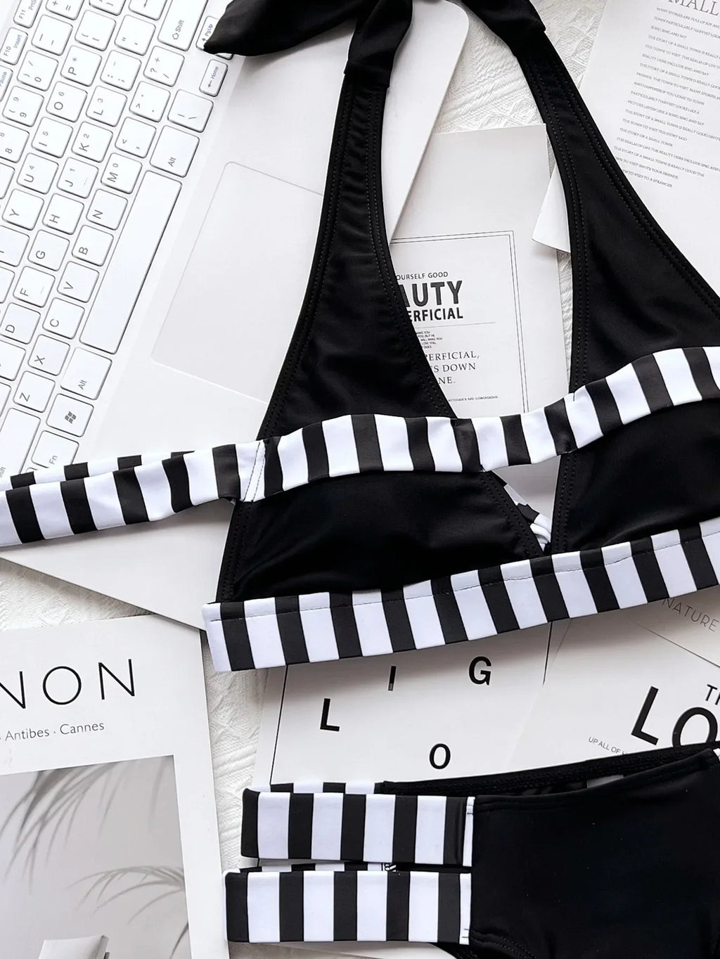 New Sexy Bikini Women Swimwear Swimsuit Striped Patchwork Hollow Halter Knotted High Waist Bikinis Set Bathing Suit Beach Bikini