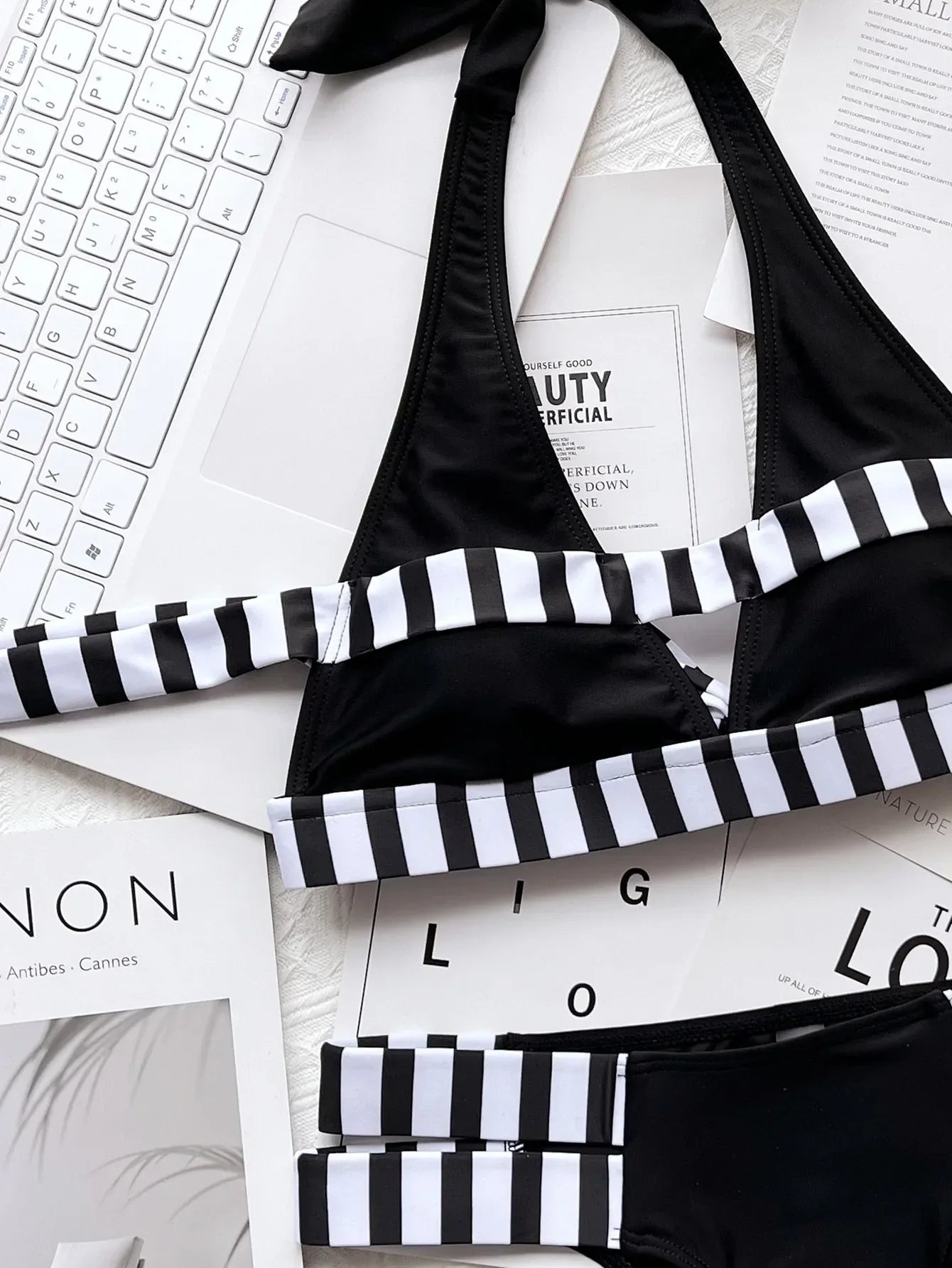 New Sexy Bikini Women Swimwear Swimsuit Striped Patchwork Hollow Halter Knotted High Waist Bikinis Set Bathing Suit Beach Bikini