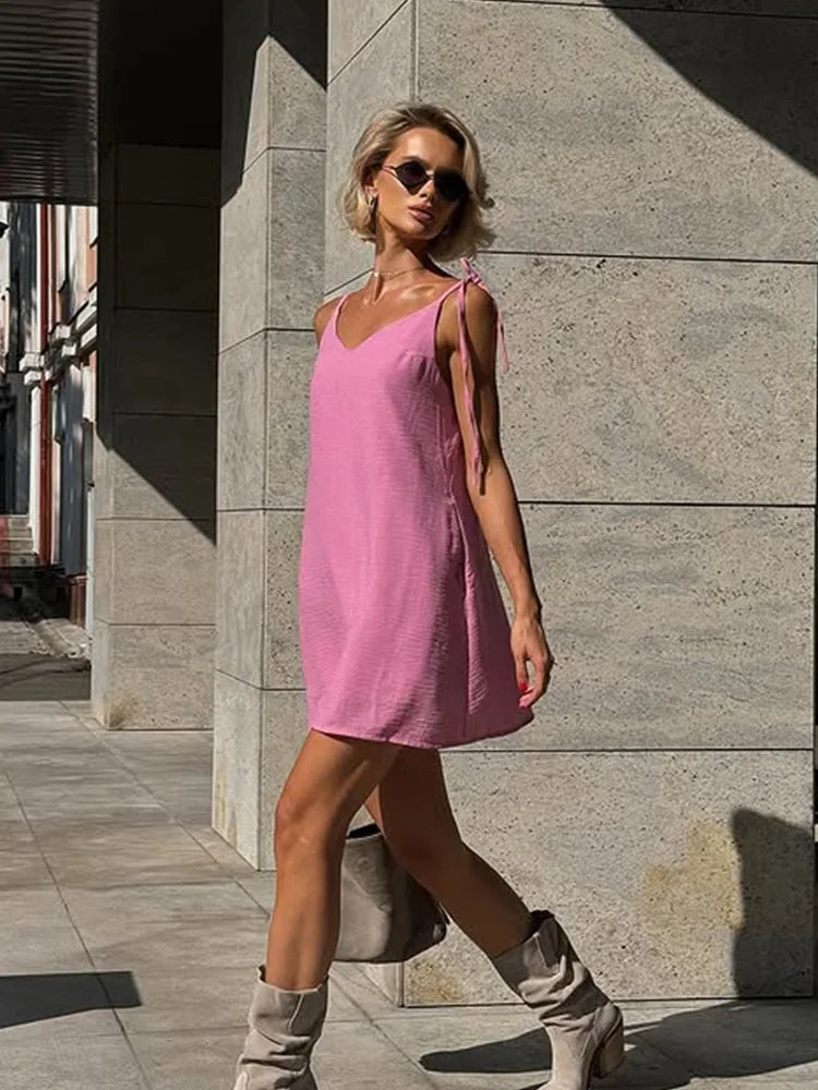 Ahagaga Fashion Women's Dresses Solid Straps Bandage Regular Causal V-Neck Sleeveless Summer Camisole Loose Sweet Femlae Vestido