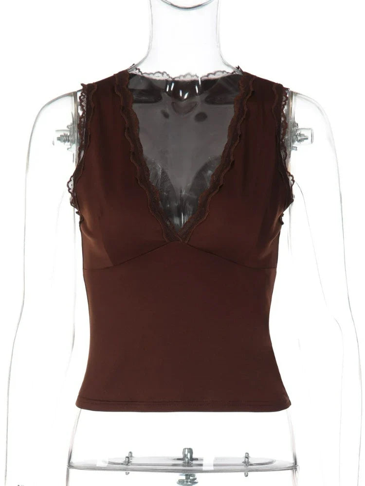 FDYOUI Deep V-neck Sleeveless Tank Tops Y2K Woman Clothes 2026 Summer Lace Patchwork T-shirt Girls Slim Corset Top Streetwear