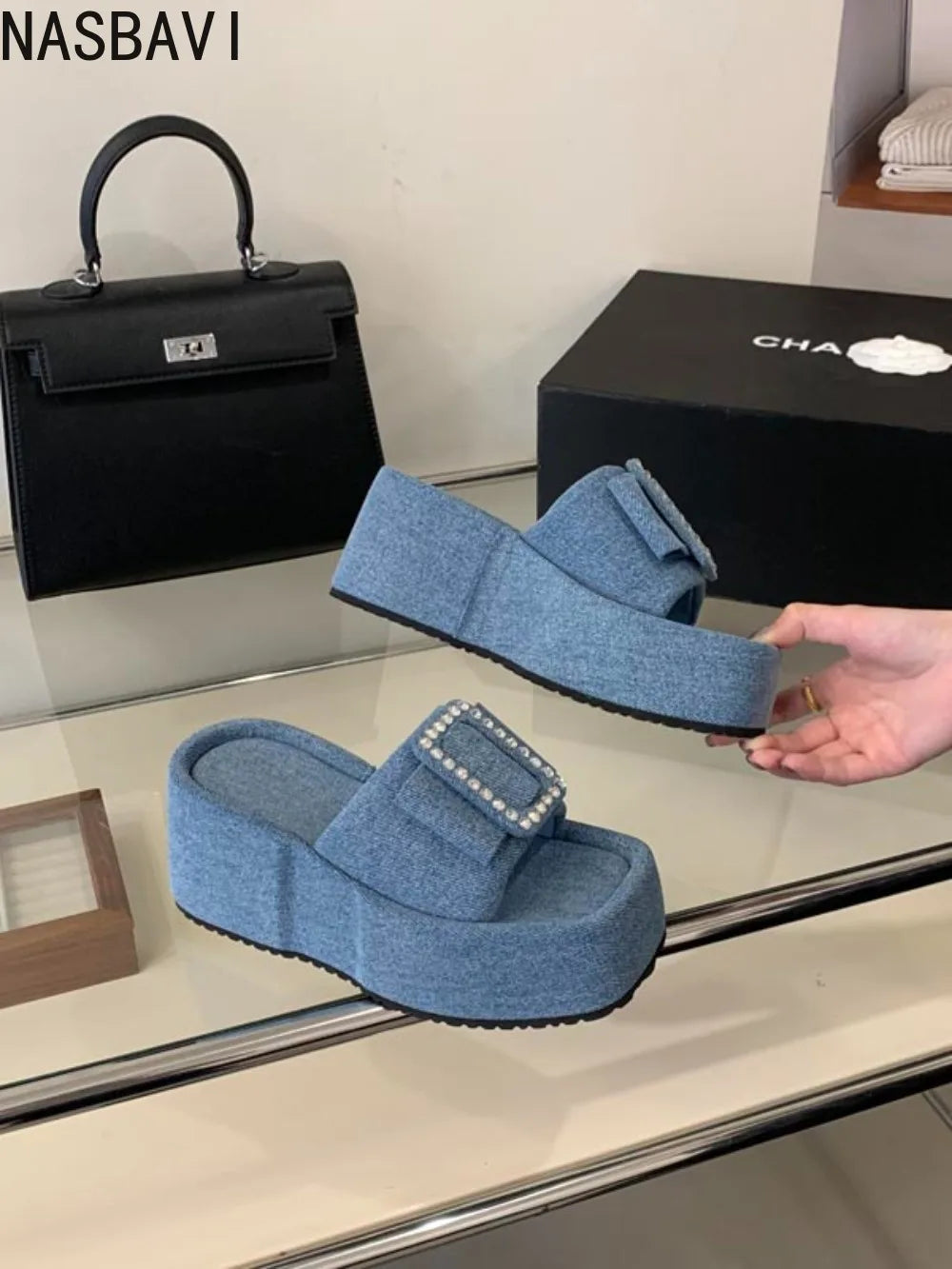 Women Punk Lazy Platform Sandals Buckle Design Garden Shoes Roman Street Slippers Flip Flops Denim Blue Outdoor Beach Shoes