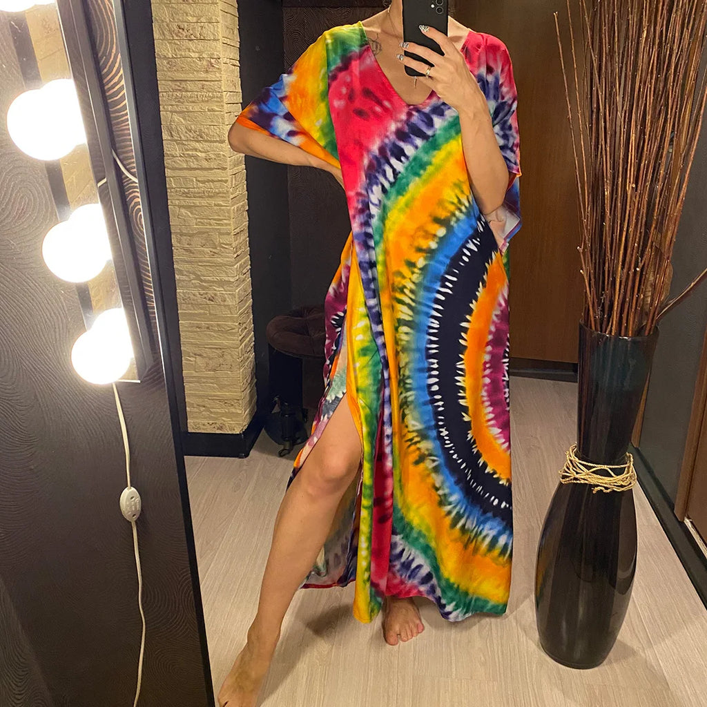2026 New Colorful Kaftan Tunic Beach Dress Beach Wear Beachwear Beach Cover Up Cover-upsLoose Maxi Dress Female Women V4428