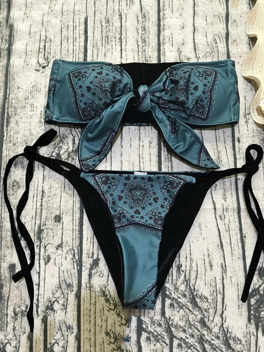 Sexy Printed Bow Knotted Bandeau Bikini 2026 Women Swimsuit Female Swimwear Two Pieces Bikini Set Tie Push Up Bathing Suit Swim