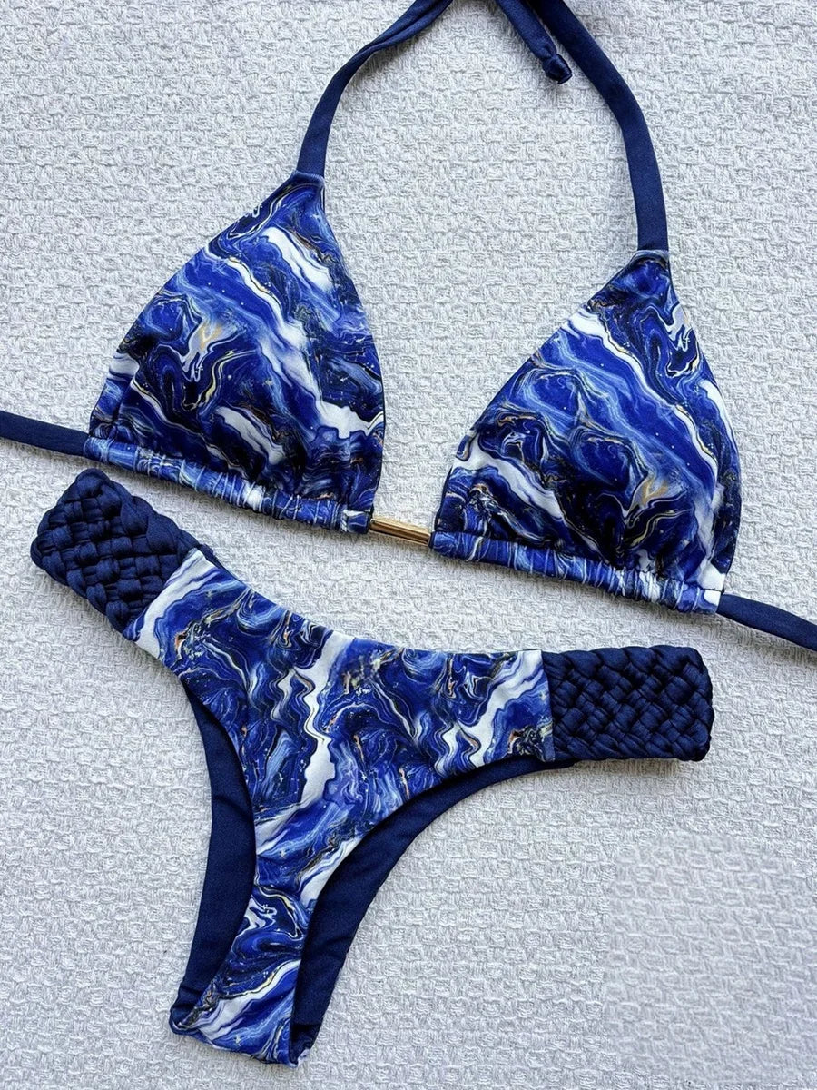 Printed Halter Braided Rope Mini Thong Bikini Female Swimsuit Women Swimwear Two-pieces Bikini Set High Cut Bather Bathing Suit