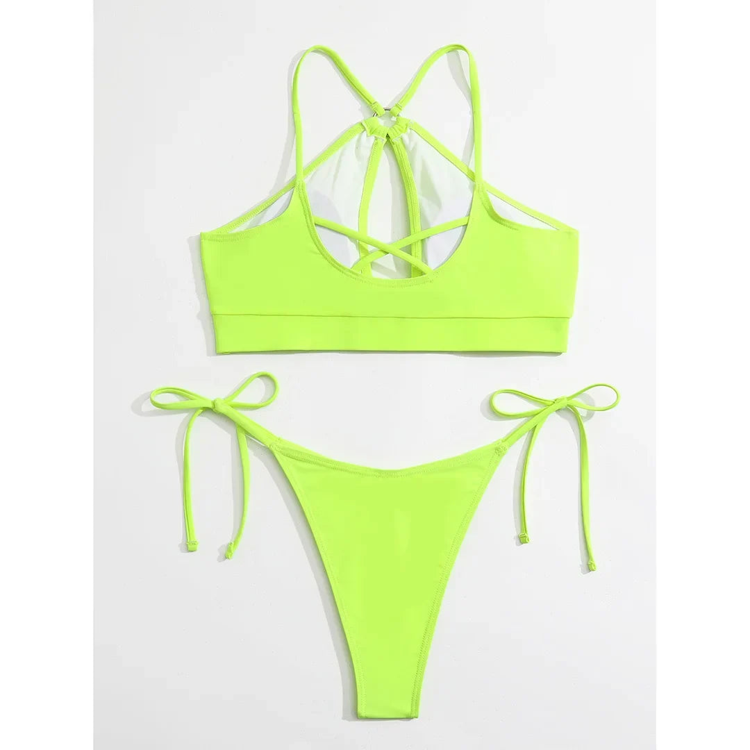 Cut Out Halter Bikini Female Swimsuit Women Swimwear Two-pieces Bikini set Padded Strappy Bather Bathing Suit Swim Lady V3423