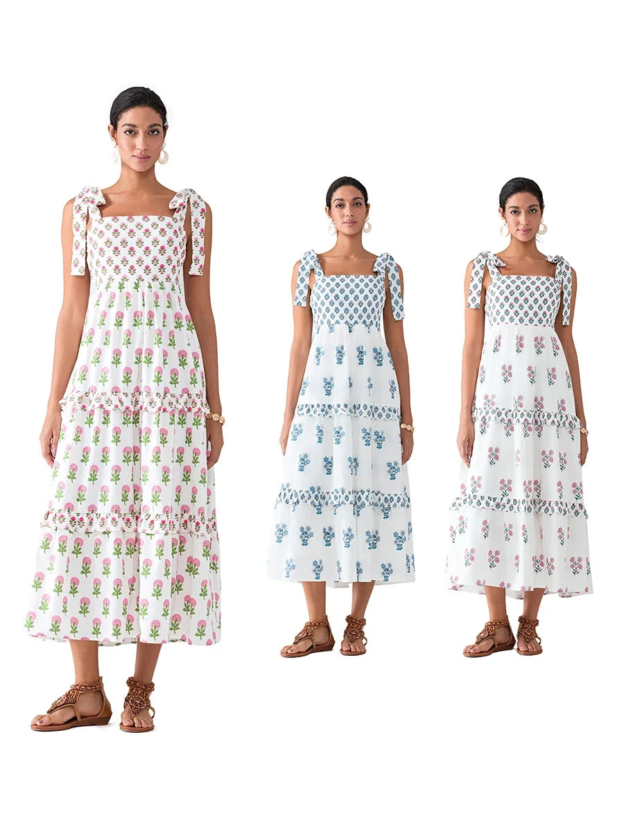 Flower Print Tie Strap Swing Dress Women A-Line Square Neck Tiered Ruffled Summer Bohemian Beach Long Tank Dress