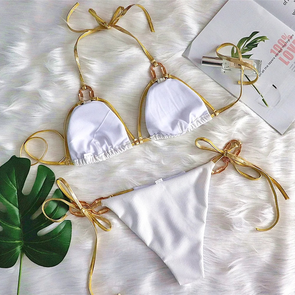 Bikini 2026 Sexy Backless Golden Rhinestone Metal Strap Hollow Swimwear Swimsuit Women Halter Bikinis Set Bathing Suit Banadores