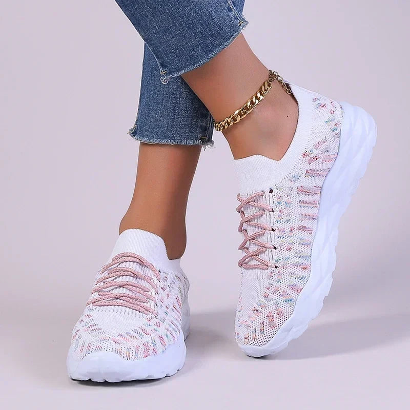 Mixed Color Knitted Platform Sneakers Women Spring Summer Casual Thick Sole Sports Shoes Woman Lace Up Non Slip Walking Shoes