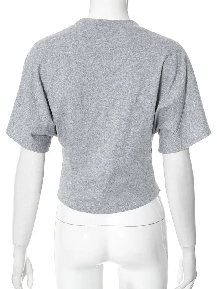 Fashion Casual Solid Gray Cropped T-shirt 2026 Woman Clothes O-neck Corset Tops Streetwear Girls Summer Autumn Short Tee Shirts